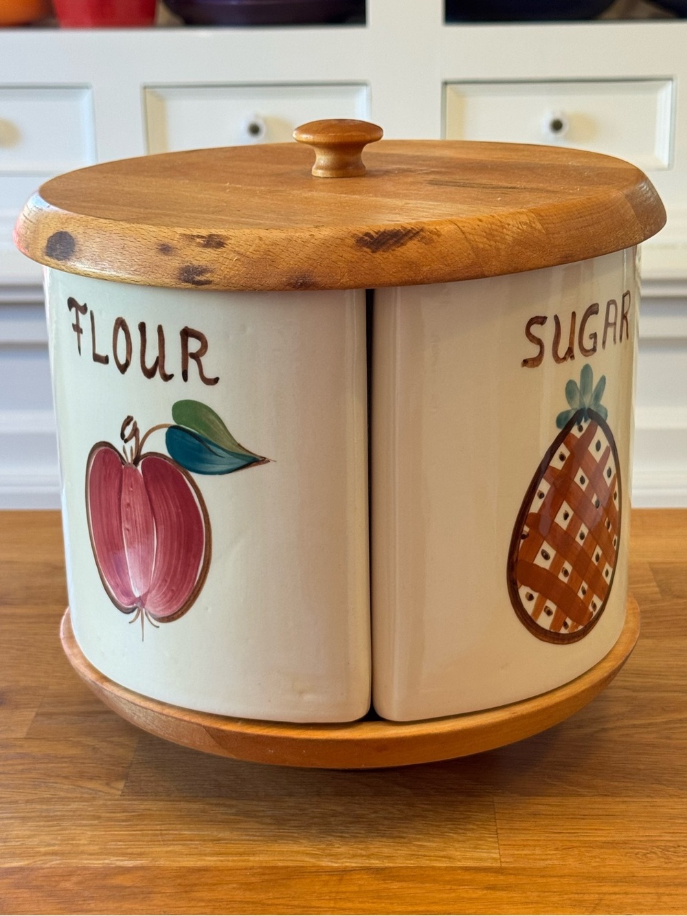 🍇 Vintage Esmond Watt Pottery 4pc Canister Set | Wood Lazy Susan Base